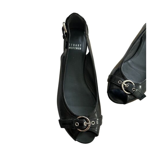 STUART WEITZMAN Black Patent Leather Peeptoe Buckle Flats Size 6.5 - Picture 7 of 9